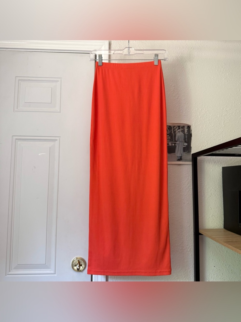 DE BASE coral neon orange‎ rib ribbed bodycon pull on knit maxi skirt